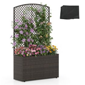 49" Brown PE Rattan Raised Garden Bed with Trellis Adjustable Foot Pads Outdoor Planter Box