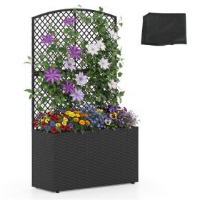 49" Black PE Rattan Raised Garden Bed with Trellis Adjustable Foot Pads Outdoor Planter Box